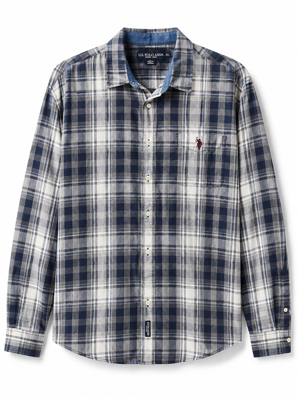 U.S. Polo Assn. Navy and White Plaid Long-Sleeve Button-Down Shirt